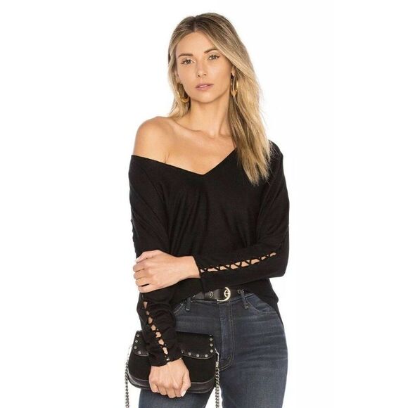 NWT SPLENDID Sz XS NASSAU LACE UP SLEEVE OFF SHOULDER SWEATER BLACK - Picture 1 of 4